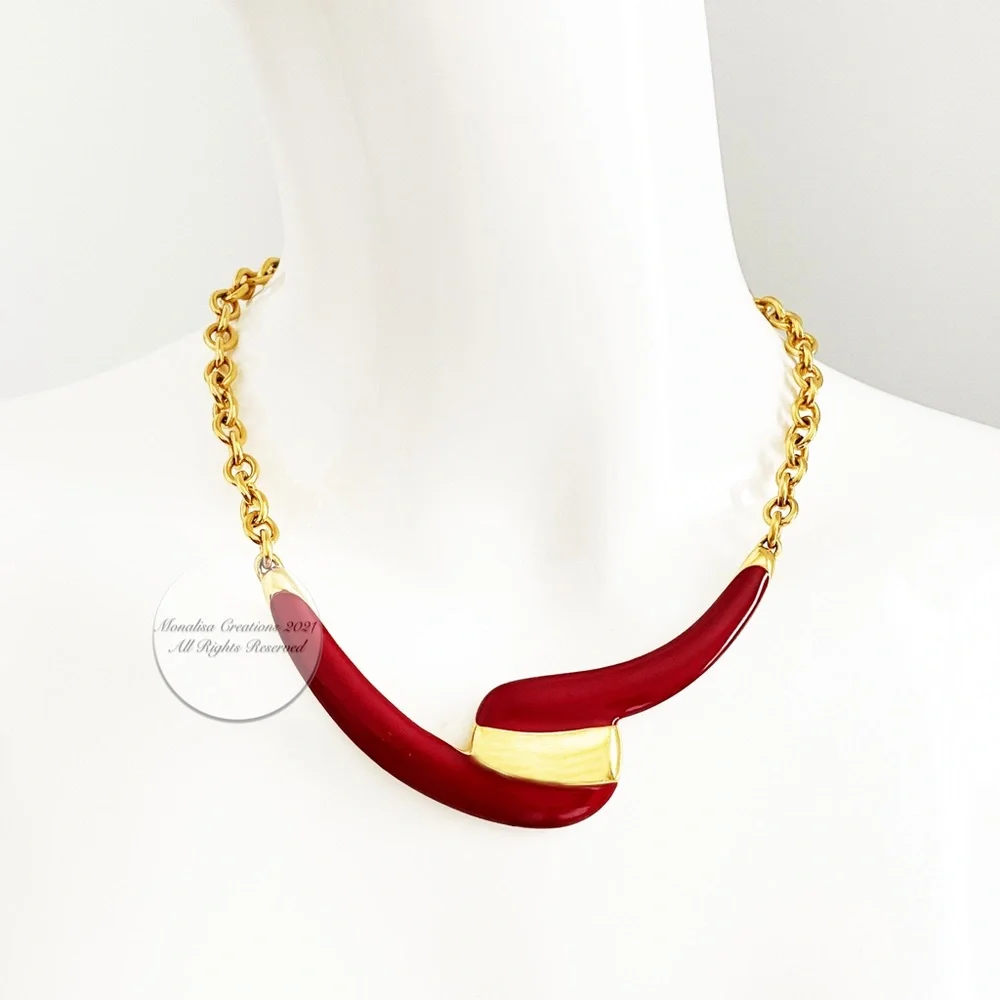Monet Necklace Gold Metal & Red Enamel Abstract Vintage 80s